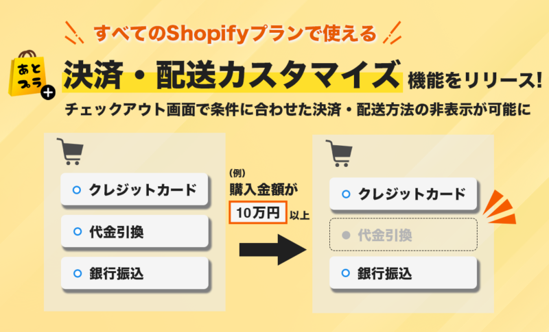 チェックアウト拡張アプリ「あとプラ」に「決済・配送カスタマイズ」機能をリリース～条件に合わせて決済と配送方法の非表示が可能に