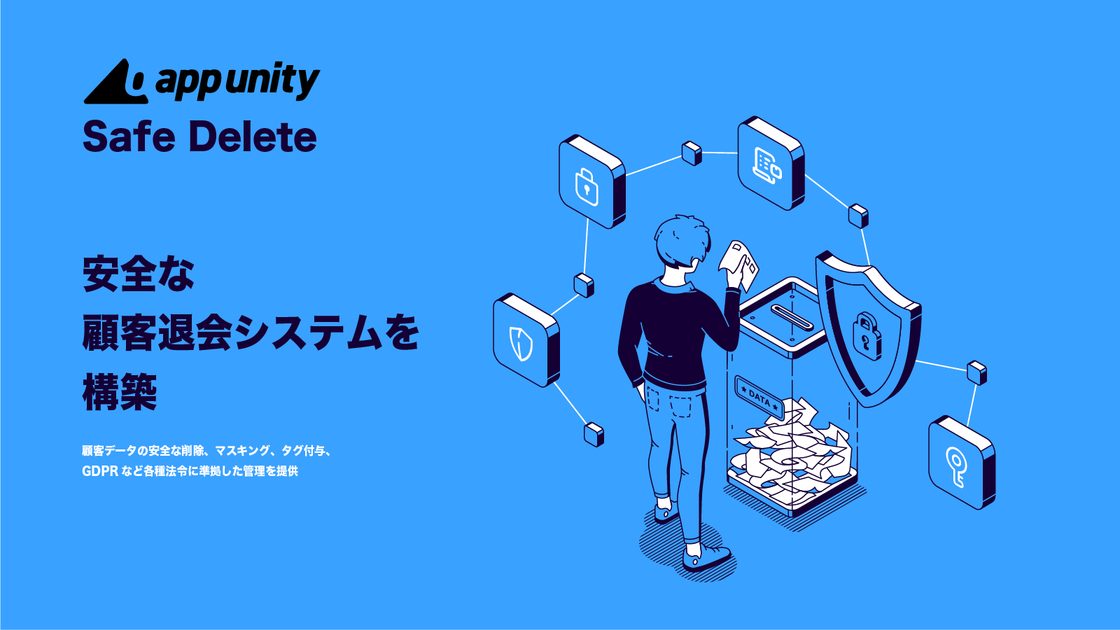 顧客退会アプリ「App Unity Safe Delete」のコンセプトイラスト。顧客データを安全に削除・管理する仕組みを、データを破棄する人物とセキュリティ関連のアイコンが描かれている。